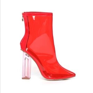 TRANSPARENT RED POINTED TOE CHUNKY CLEAR HEEL FASHION NOVA BOOTIES ANKLE SIZE 10